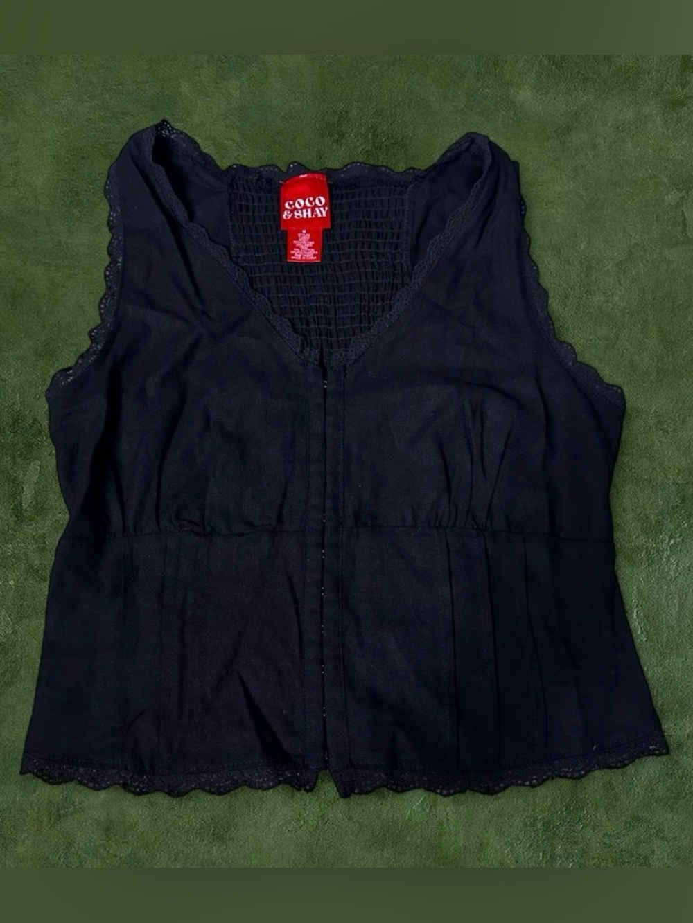 COCO & SHAY Black Lace-Trim Cotton Blend Sleeveless Blouse